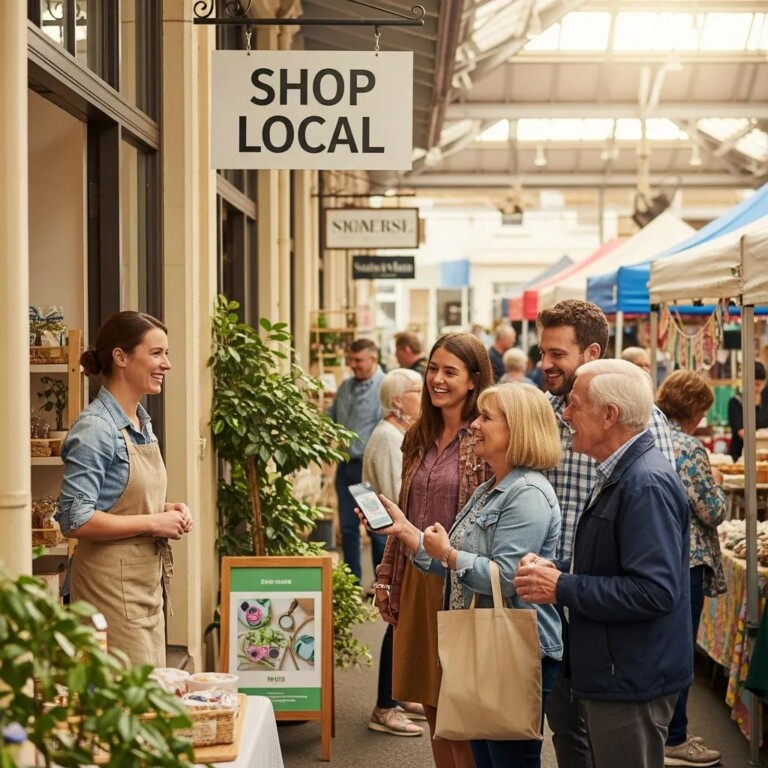 Small business owner engaging with local customers in a vibrant community setting